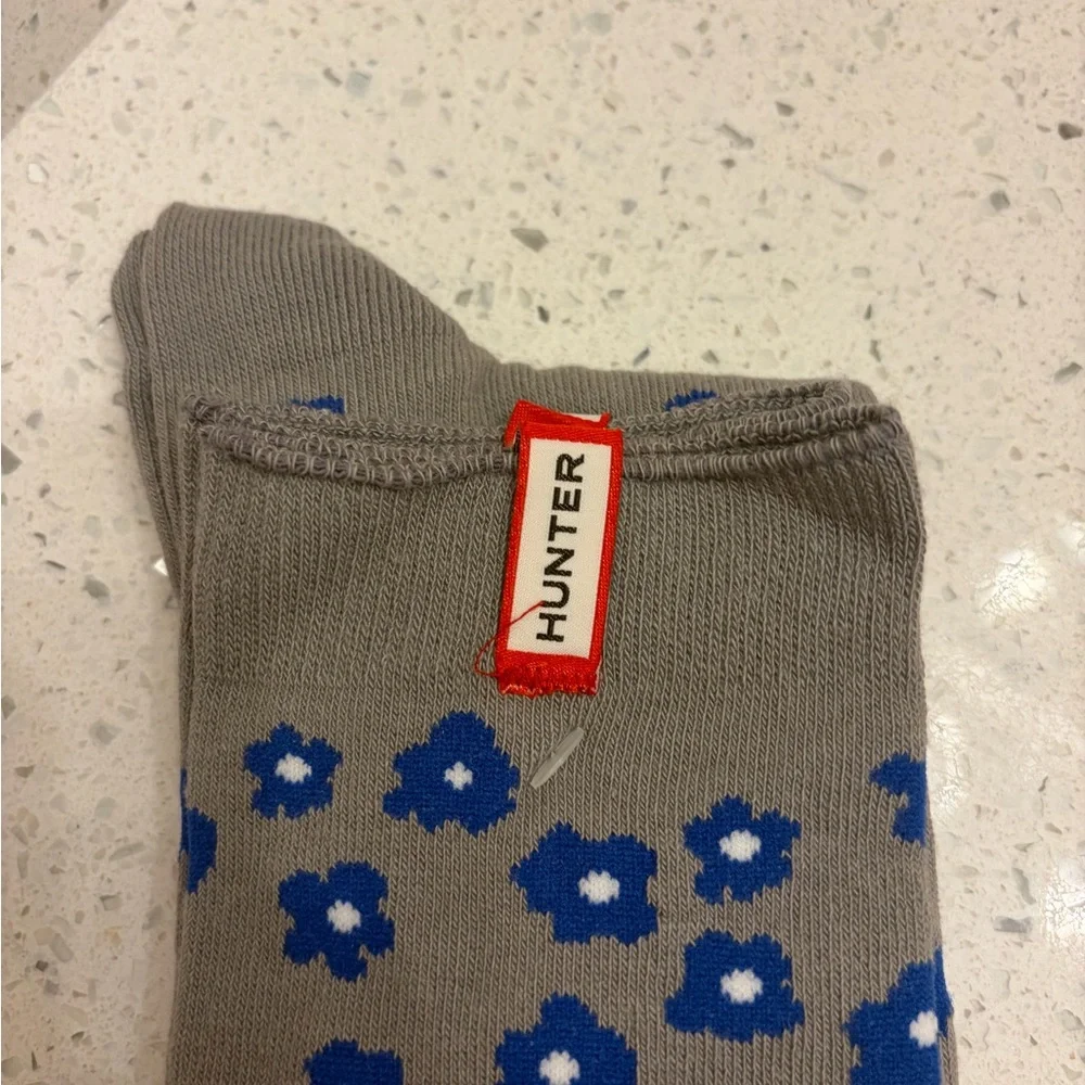 Hunter Gray Crew Socks with Blue Floral Print